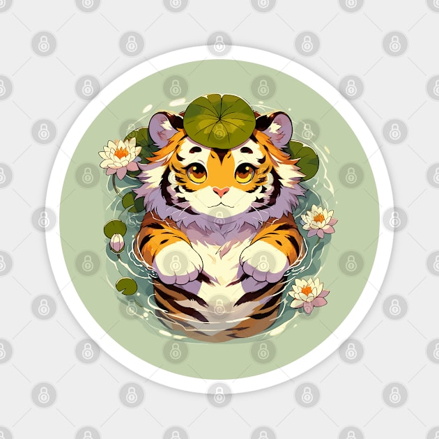 Kawaii Anime Tiger Bath With Water Lily Magnet by TomFrontierArt